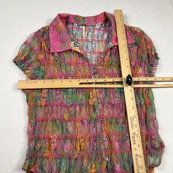 Free People Julie Lace Button Down Shirt Colorful Y2K Short Sleeve Boho Top M - Picture 7 of 10